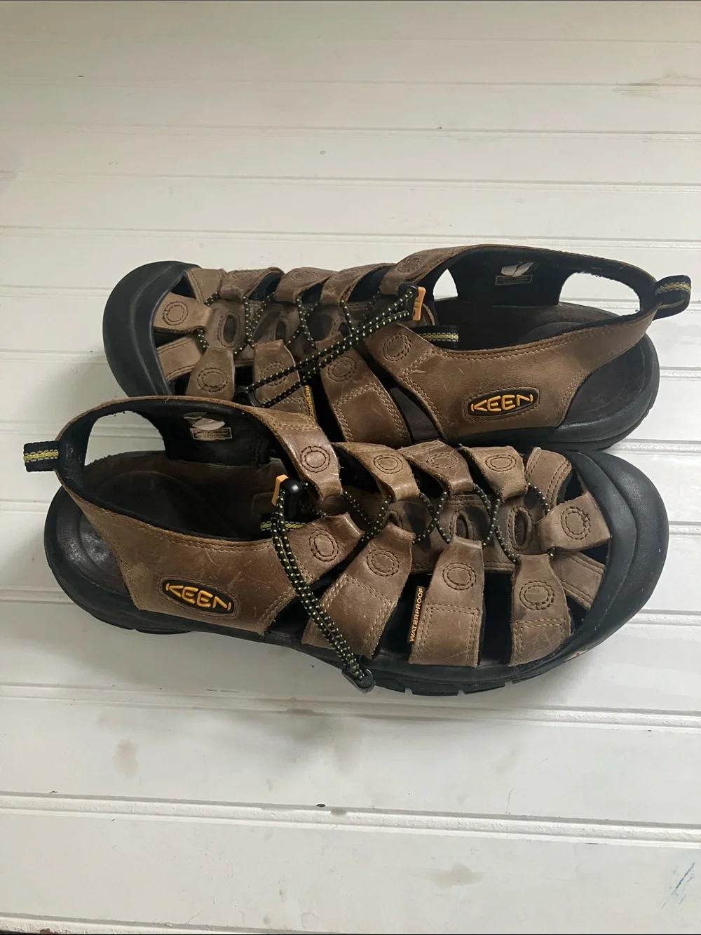 KEEN Brown Leather Outdoor Sandal with Black Sole and Yellow Accents